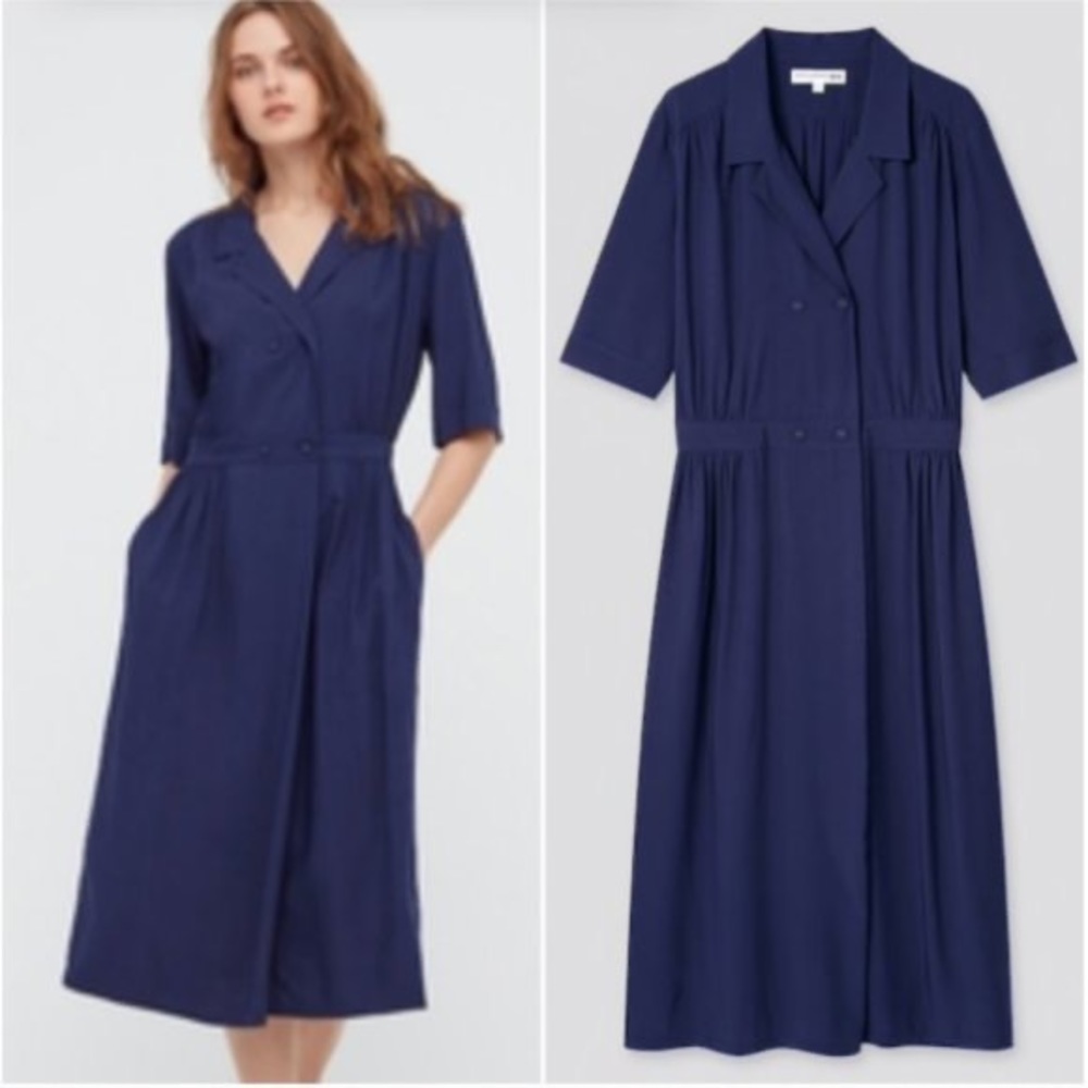 Ines de la Fressange Uniqlo Navy Polka Dot Short Sleeve Button Up Dress- Medium